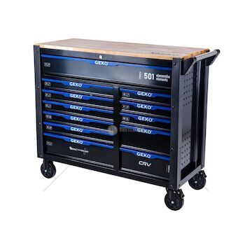 Dílenský vozík, 12 zásuvek, dřevěná deska, sada nářadí 501 ks – GEKO