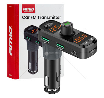 FM transmitter 2×USB-A 1×USB-C mircoSD 12V 24V AMIO-04653