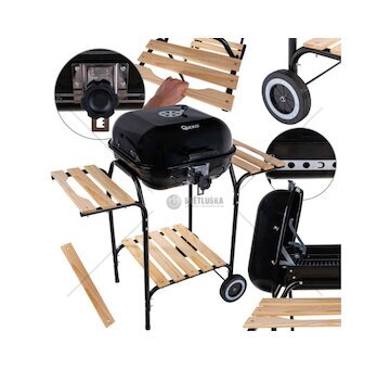 Gril na dřevěné uhlí s nastavitelným roštem 40x40 cm, víkem a dřevěnými policemi GEKO