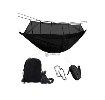 Houpací síť - hamaka s moskytiérou, 210×120 cm, 200 kg, černá