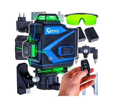 Křížový laser 360°, samonivelační, 4D, zelený, 2x Li-ion, pouzdro, příslušenství - GEKO