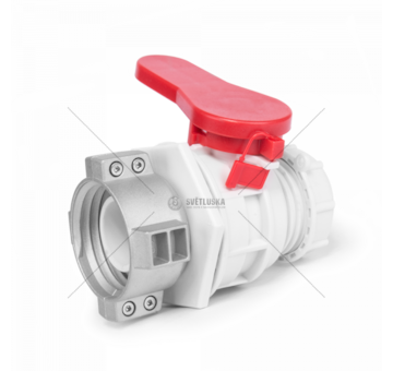 Kulový ventil pro kontejner na vodu IBC, vstup S60x6 s kovovou přírubou, výstup S60x6 se zátkou