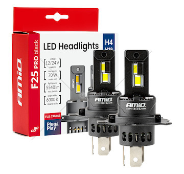 LED žárovky hlavního svícení Série F25 PRO BLACK FULL CANBUS H4 H19 70W 12V 24V AMiO-04719