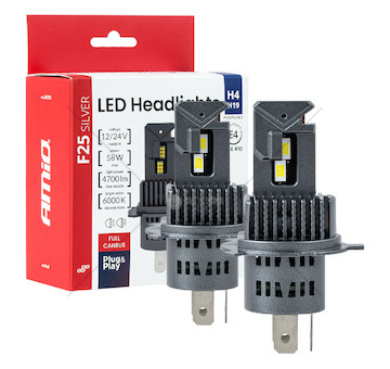 LED žárovky hlavního svícení Série F25 SILVER FULL CANBUS H4/H19 54/58W 12V 24V AMiO-04703