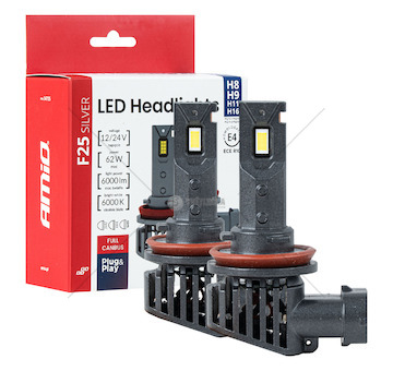 LED žárovky hlavního svícení Série F25 SILVER FULL CANBUS H8/H9/H11/H16 62W 12V 24V AMIO-04705