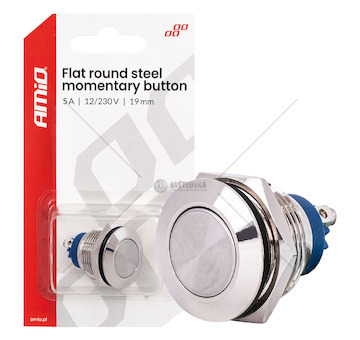 Momentové tlačítko ploché kulaté ocelové 19 mm 5 A 12/230 V AMiO-04436