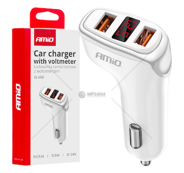 Nabíječka do auta 2x USB-A + tester napětí akumulátoru 3.1A 12/24V AMiO-03887