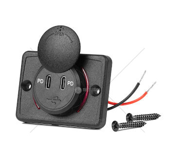 Nabíječka do auta 2x USB-C čtvercová s ČERVENÝM POUZE podsvícením 12/24V vodotěsná AMiO-04232