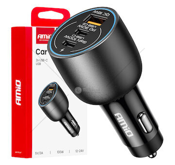 Nabíječka do auta 2x USB C port + USB A port 12/24V 100W AMIO-04371