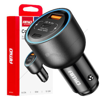 Nabíječka do auta 2x USB C port + USB A port 12/24V 95W AMiO-04372