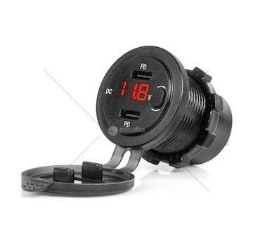 Nabíječka do auta 2x USB-C s testerem napětí 12/24V vodotěsná AMiO-04226