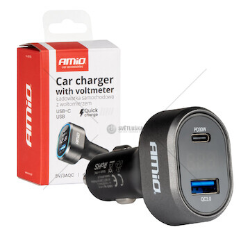 Nabíječka do auta Quick Charge s voltmetrem AMiO-04178