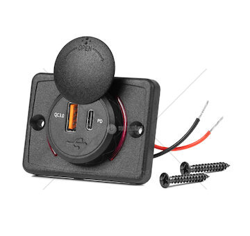 Nabíječka do auta USB + USB-C čtvercová s ČERVENÝM LED podsvícením 12/24V vodotěsná AMiO-04231