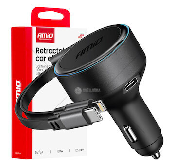 Nabíječka do auta výsuvná C kabel + lightning kabel + USB C port 12/24V 60W AMiO-04370