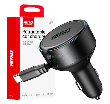 Nabíječka do auta výsuvná C kabel + USB C port 12/24V 60W AMiO-04368