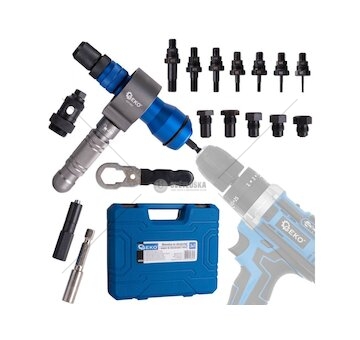 Nástavec nýtovací na vrtačku, sada pro matice M3-M12 a trhací nýty 2.4-6.4mm GEKO