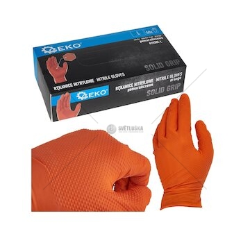 Nitrilové rukavice Solid Grip 3D, pevné, odolné chemikáliím, 50 ks, oranžové, velikost L - GEKO