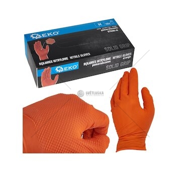 Nitrilové rukavice Solid Grip 3D, pevné, odolné chemikáliím, 50 ks, oranžové, velikost M - GEKO