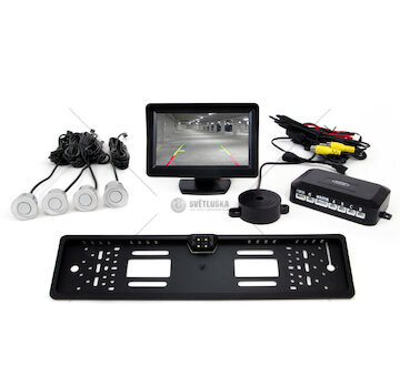 Parkovací asistent 4 senzory stříbrné TFT01 4,3 `s kamerou CAM-402 LED v podložce pod SPZ