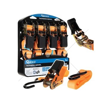 Pás upínací ráčnový, s háky, 25 mm × 4,5 m, 700 kg, sada 4 ks - GEKO