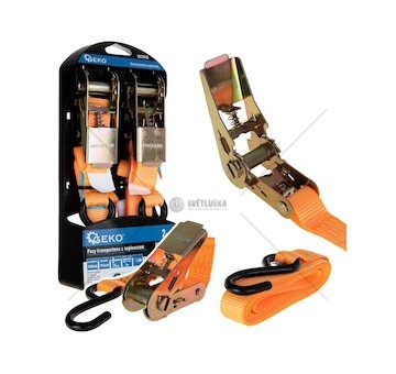 Pás upínací ráčnový, s háky, 25 mm × 4 m, 700 kg, sada 2 ks - GEKO