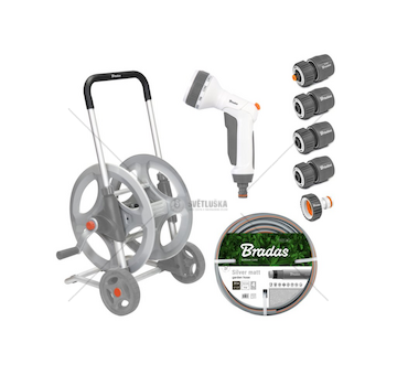 Pojízdný naviják WHITE LINE s hadicí 1/2" 20 m a příslušenstvím SILVER PRO SET, kovový - BRADAS