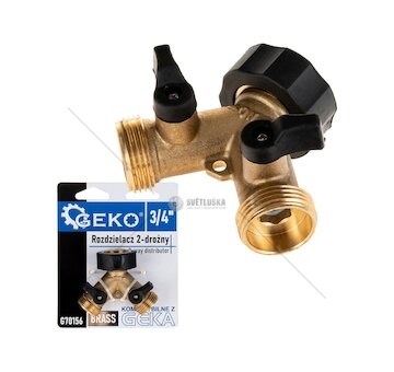 Rozdělovač na kohoutek 2-cestný, vnitřní závit 3/4", 2× vnější závit 3/4" s ventily - GEKO