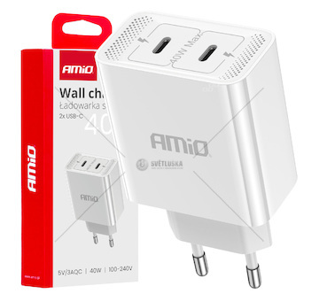 Síťová nabíječka 2xUSB-C 40W Quick Charge 230V AMiO-03892