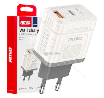Síťová nabíječka Quick Charge GaN 30W USB-A + USB-C AMiO-04286