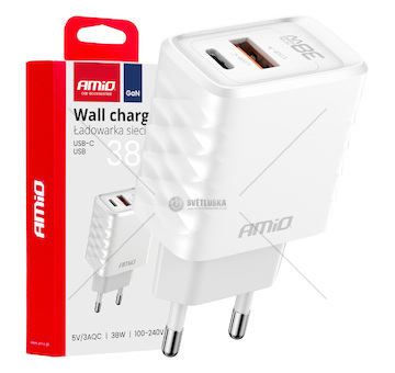 Síťová nabíječka Quick Charger GaN 38W USB-A + USB-C AMiO-04287