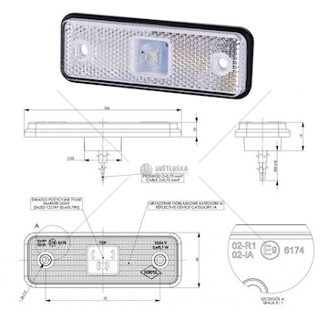 Svítilna poziční 12v/24v 0,4/0,7w led s odrazkou, bílá, gumová podložka, kabel 0,3m 0215321_A