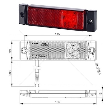 Svítilna poziční 12v/24v 0,5/1,2w 3xled s odrazkou,  červená, kabel 0,45m 0215294_A