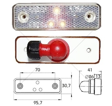 Svítilna poziční boční 24v/0,8w 95,7x30,7x13/ 3xled bílá s odrazkou a přípojkou 90° 40164013_A