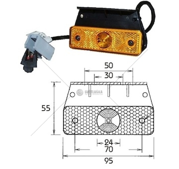 Svítilna poziční boční flatpoint 24v/1,3w 95x55x74,3 led oranžová/držák,konekt. kabel 0,5m 31221401_A
