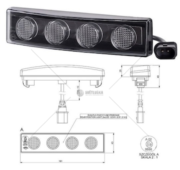 Svítilna poziční střešní 12v/24v 0,5/1w 4xled bílá, kabel se zásuvkou 0,25m, scania 0045502_A