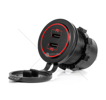 Vodotěsná nabíječka s ČERVENÍM LED podsvícením 2xUSB C 12/24V AMiO-04223