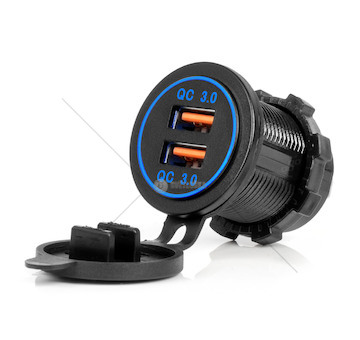 Vodotěsná nabíječka s MODRÝM LED podsvícením 2xUSB QC3.0 12/24V AMiO-04218