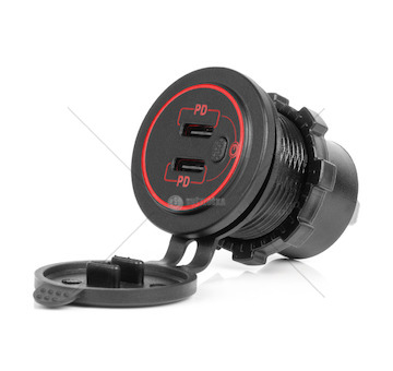 Vodotěsná nabíječka s vypínačem ČERVENÉ LED podsvícení 2xUSB C 12/24V AMiO-04224