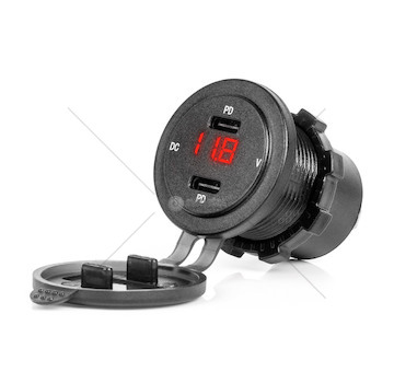 Vodotěsná nabíječka se spínačem, digitálním voltometrem ČERVENÝ LED indikátor USB + USB C QC3.0 12/24V AMiO-04225