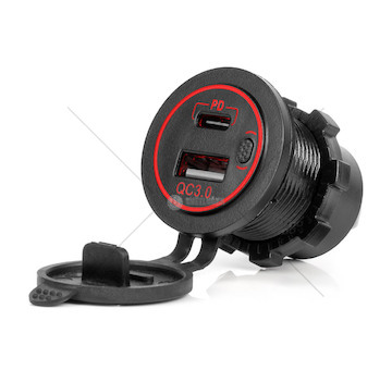 Vodotěsná nabíječka telefonu s RED LED podsvícením 2xUSB QC3.0 12/24V AMIO-04221