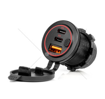 Vodotěsná nabíječka telefonu s vypínačem ČERVENÉ LED podsvícení USB + 2xUSB C QC3.0 12/24V AMiO-04227