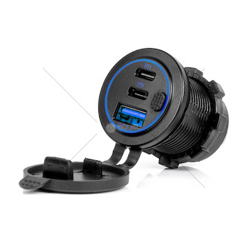Vodotěsná nabíječka telefonu s vypínačem MODRÉ LED podsvícení USB + 2xUSB C QC3.0 12/24V AMiO-04596