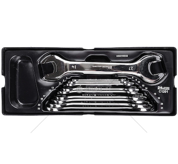 Opis:  Zestaw 12 kluczy płaskich umieszczonych we wkładzie do wózka warsztatowego typu A. Wykonane ze stali chromowo-wanadowej (