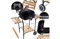 Gril na dřevěné uhlí s nastavitelným roštem 40x40 cm, víkem a dřevěnými policemi GEKO