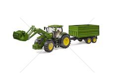 Traktor John Deere 7R 350 s čelním nakladačem a přívěsem BRUDER