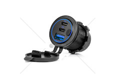 Vodotěsná nabíječka telefonu s vypínačem MODRÉ LED podsvícení USB + 2xUSB C QC3.0 12/24V AMiO-04596