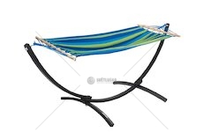 Zahradní houpací síť s kovovým stojanem a dřevěným stabilizátorem, 200 x 100 cm, 200 kg KELTIN